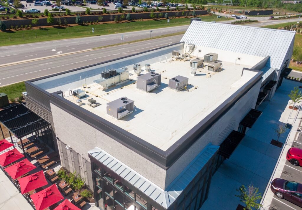 drone image of tpo roofing on commercial building