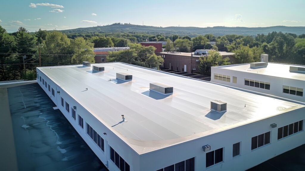 Seamless white PVC commercial flat roof of factory, summer day. Aerial high view.