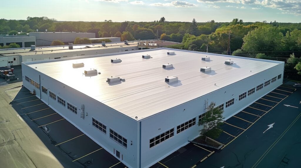 Seamless white PVC commercial flat roof of factory, summer day. Aerial high view.