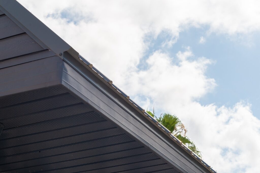 Weeds and grass growing up from an eavestrough on the edge of a peaked roof. The background is cloudy with a blue sky. The rain gutter on the exterior of the house is a white vinyl drainage system.