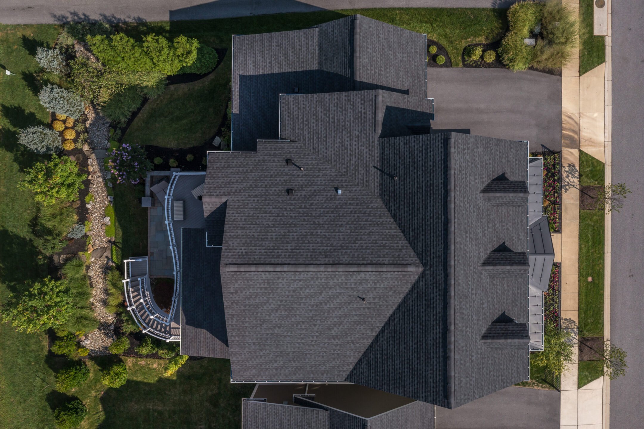 top view of a complex hip and valley pitched roof
