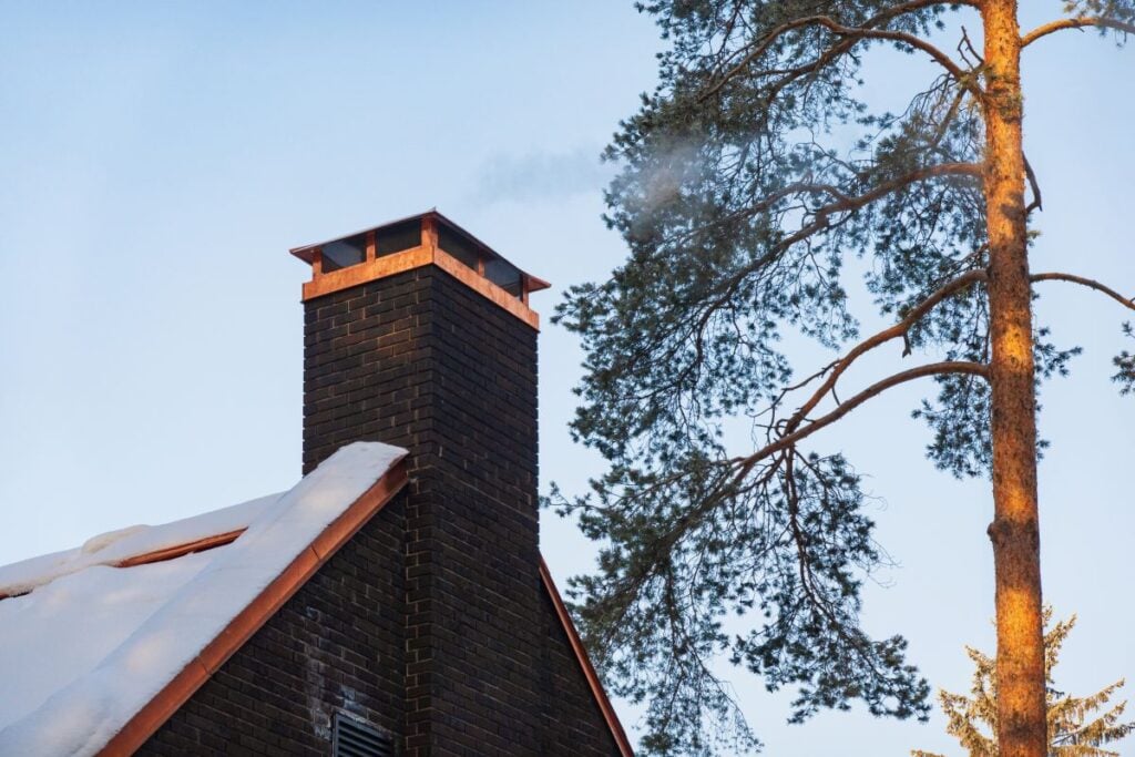 snowy roof with copper chimney