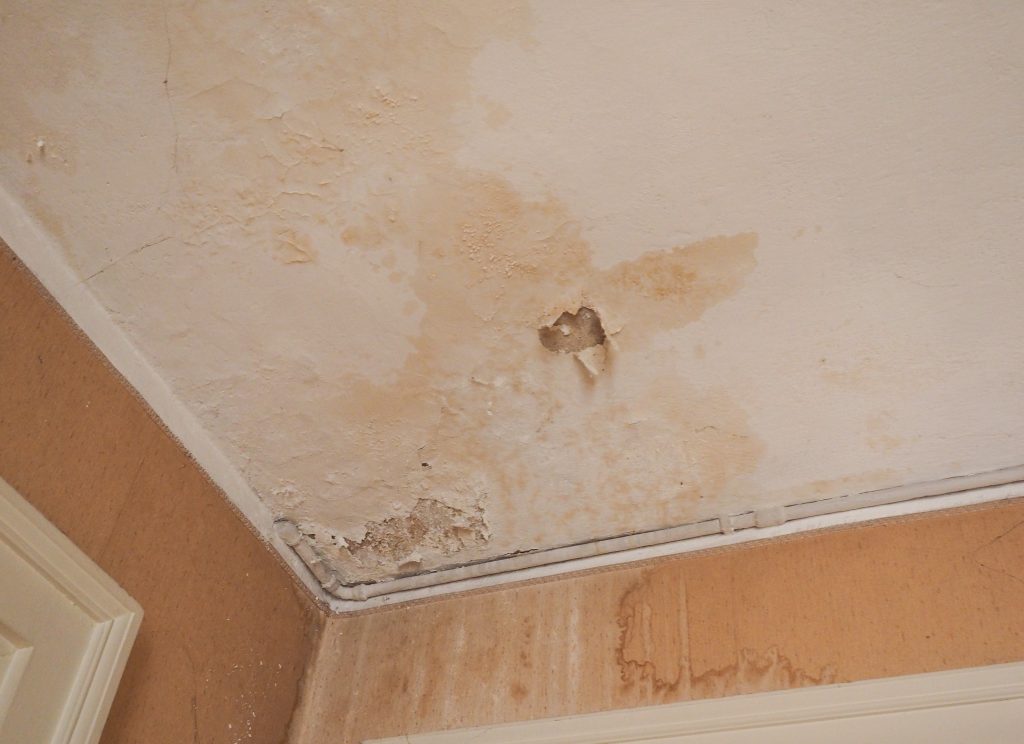 roof leak repair Damage caused by damp and moisture on a ceiling